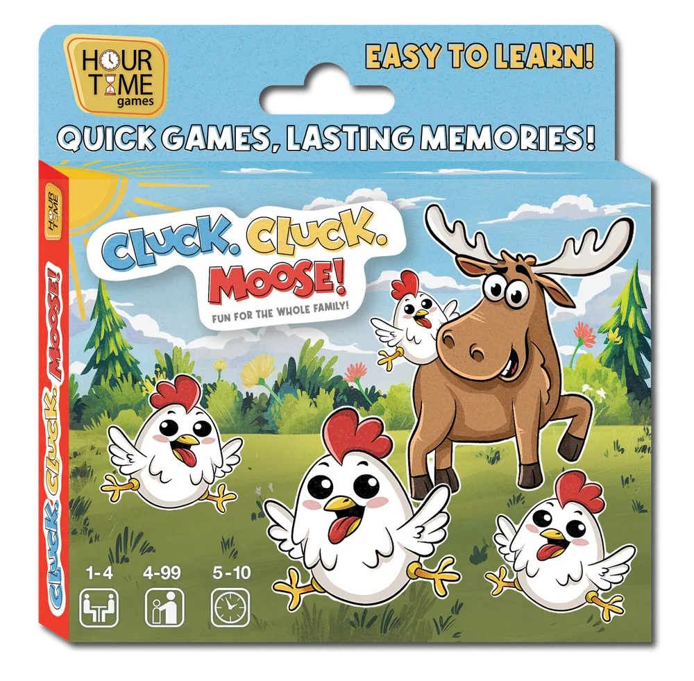 Cluck, Cluck, Moose! card game box with a cartoon chicken and moose