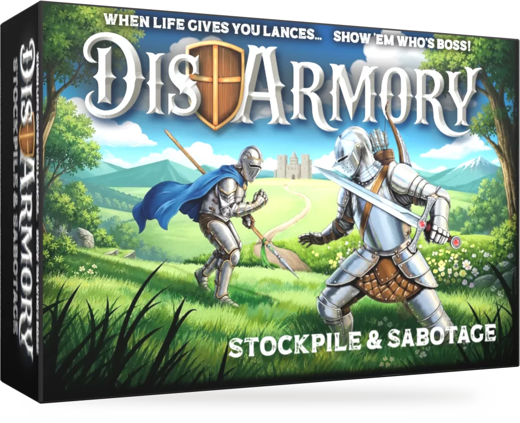 DisArmory game box: two armored knights dueling in a green meadow on the lid, with the tagline Stockpile & Sabotage