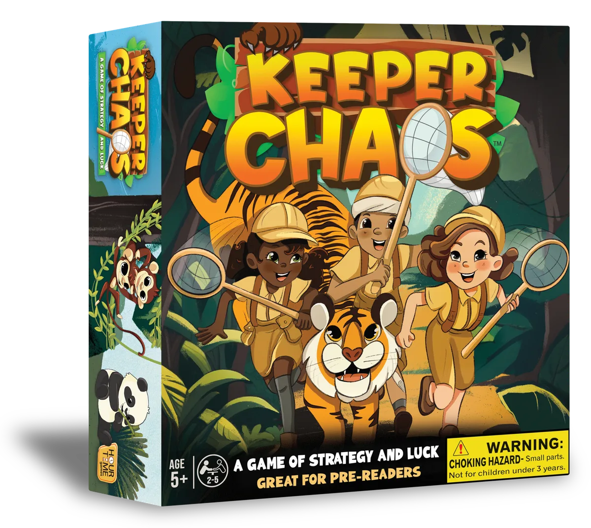 Keeper Chaos board game box with illustrated zoo animals and safari-hat logo